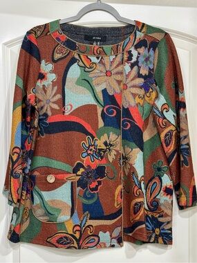 Ali Miles Multicolor Floral Patch-Pocket light weight sweater - Brown/Green/Blue